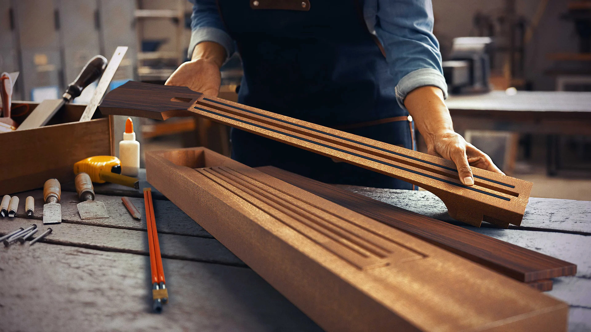 Le mani del liutaio posano la tastiera sul manico in lavorazione